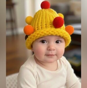 Handmade Knit Infant Gold Hat Pom Pom Baby Yellow Brown Red Beanie Winter Gift